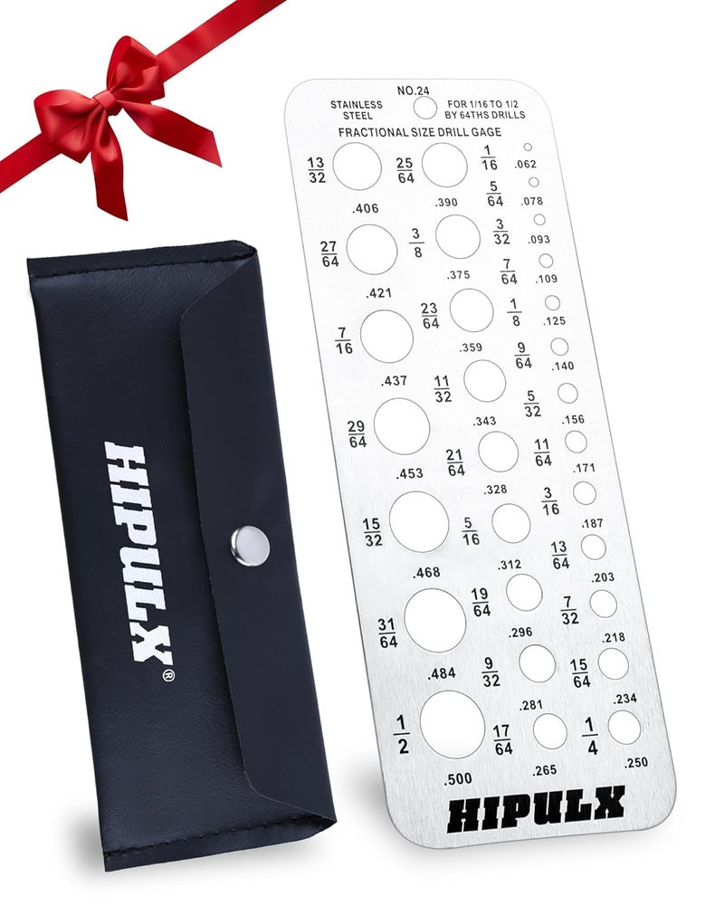 HIPULX Drill Bit Gauge - 29 Hole Precision Measuring Tool for Drill Bits, Bolts | 1/16"-1/2" Range | Etched Surface Measurement Drill Gauge | Stainless Steel - Image 1